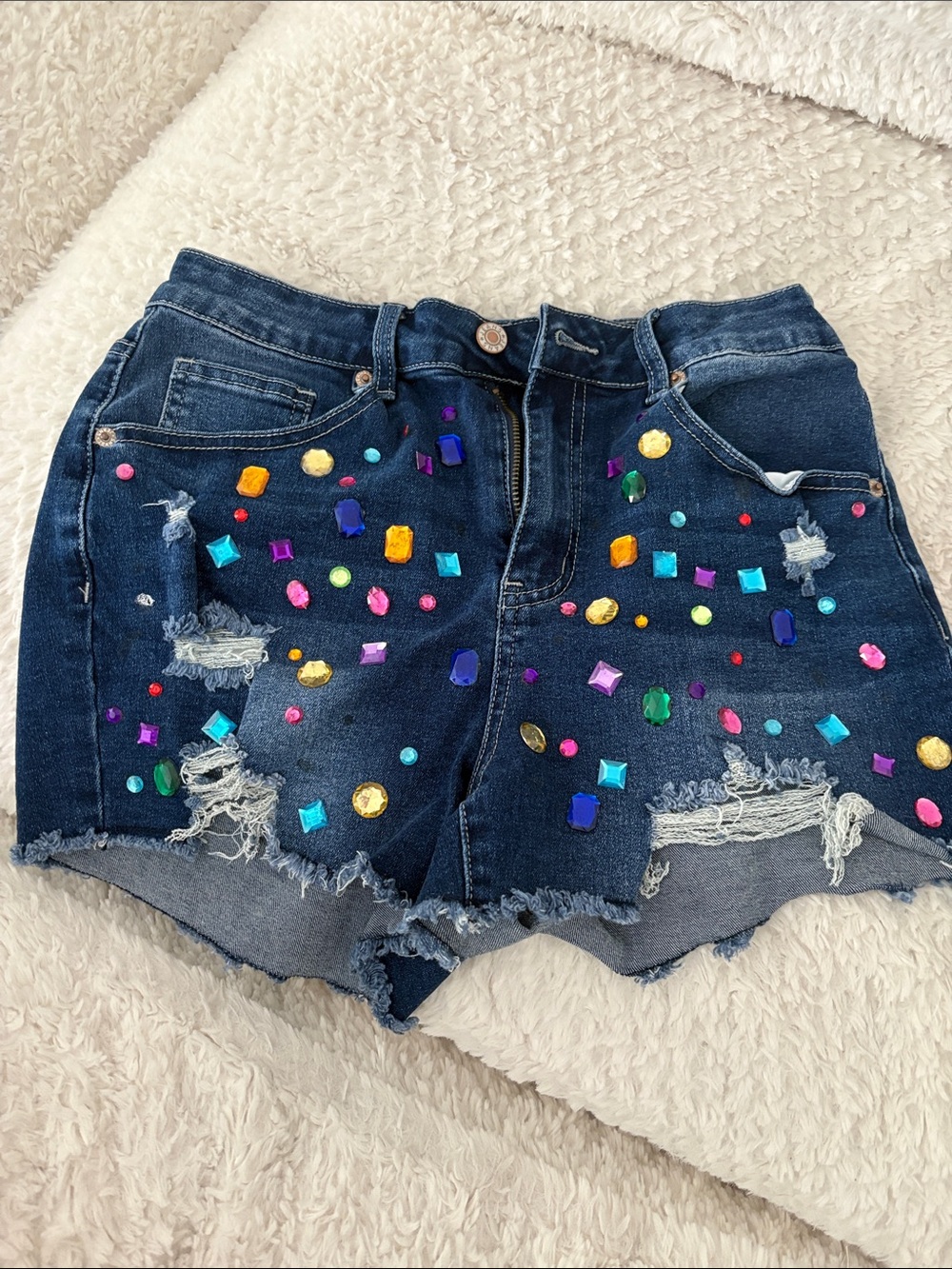 SHEIN Dark Wash Distressed Denim Shorts with Multicolor Jewel Accents